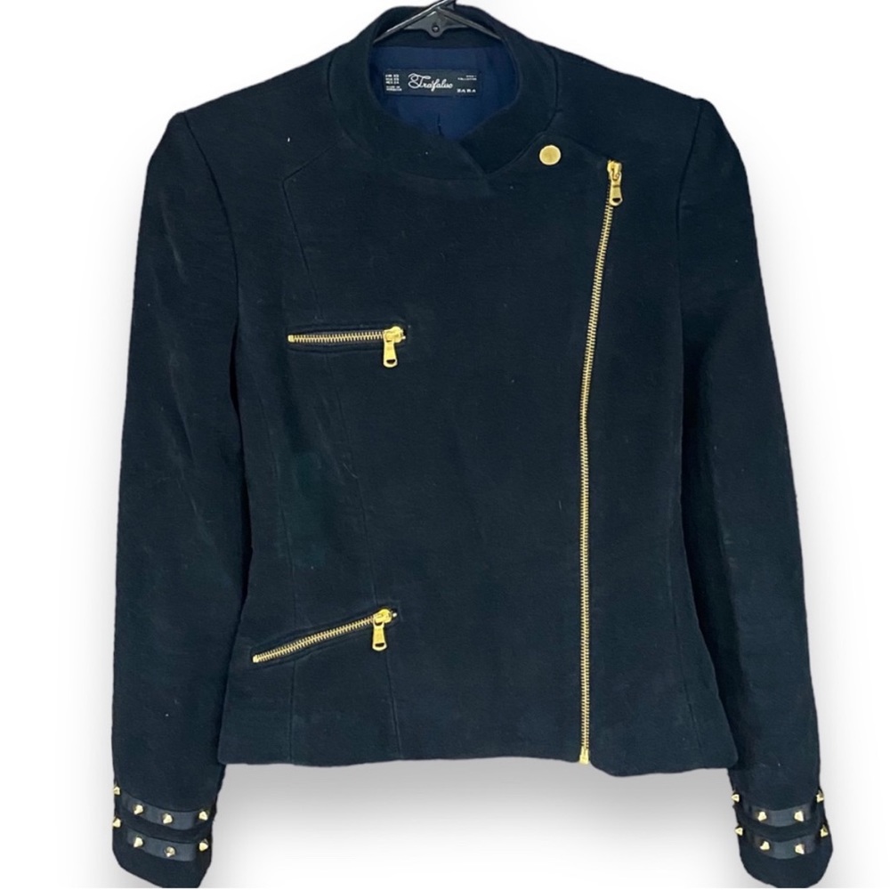 ZARA Trafaluc Spiked Cotton Velvet Asymmetrical Zip Front Utility Jacket Sz S - Picture 3 of 15